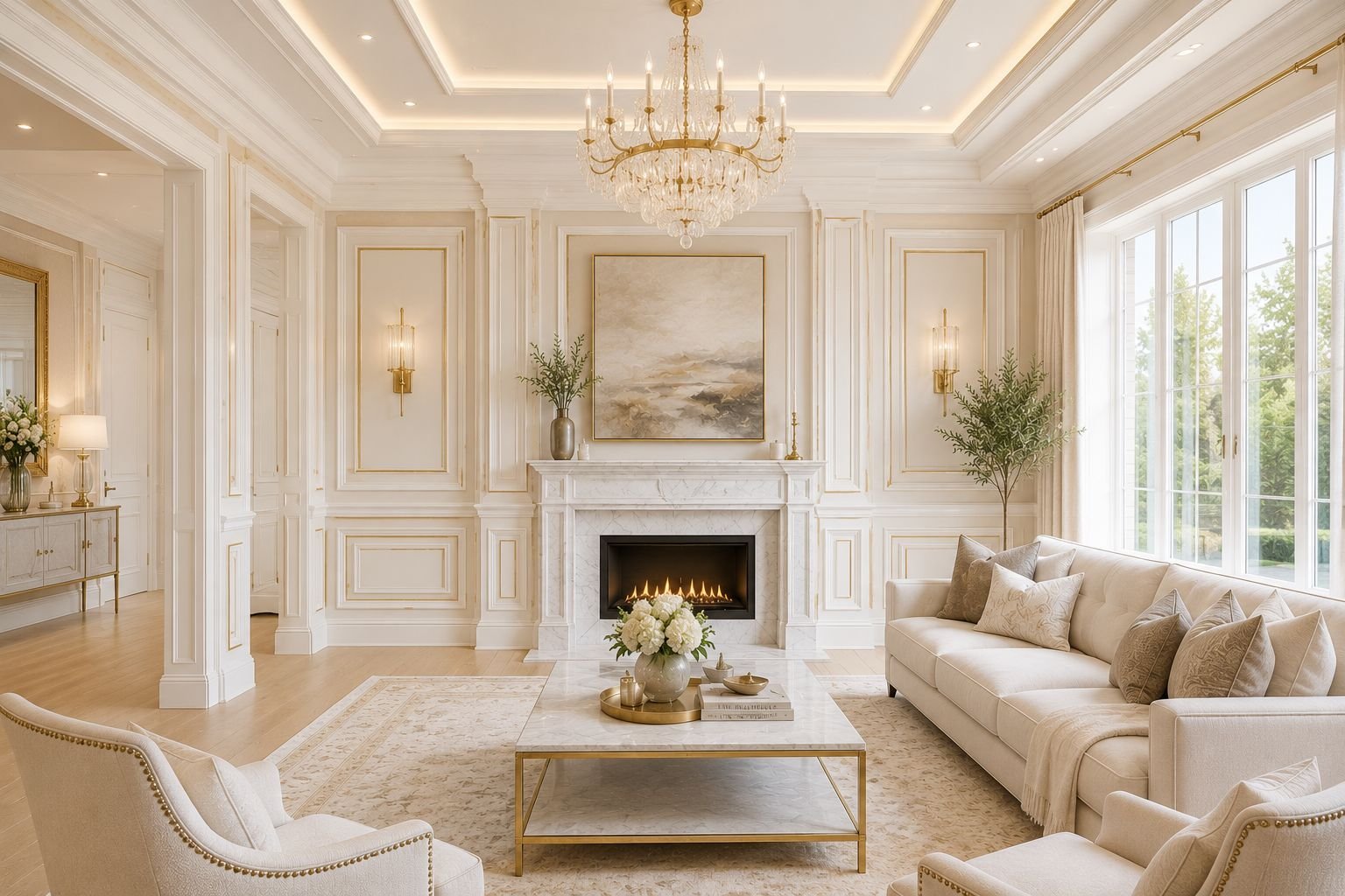 Bright hallway with arched doorways and wainscoting