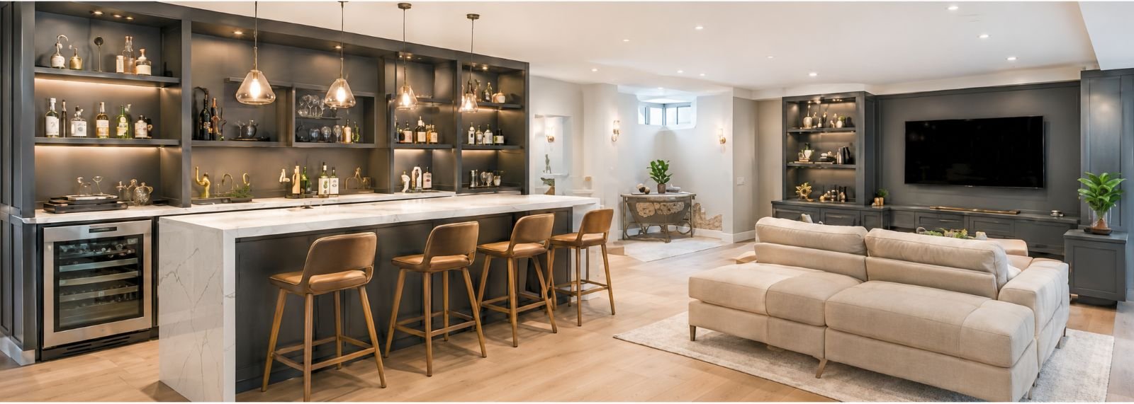 Basement entertainment area with custom wet bar, wine storage and island seating