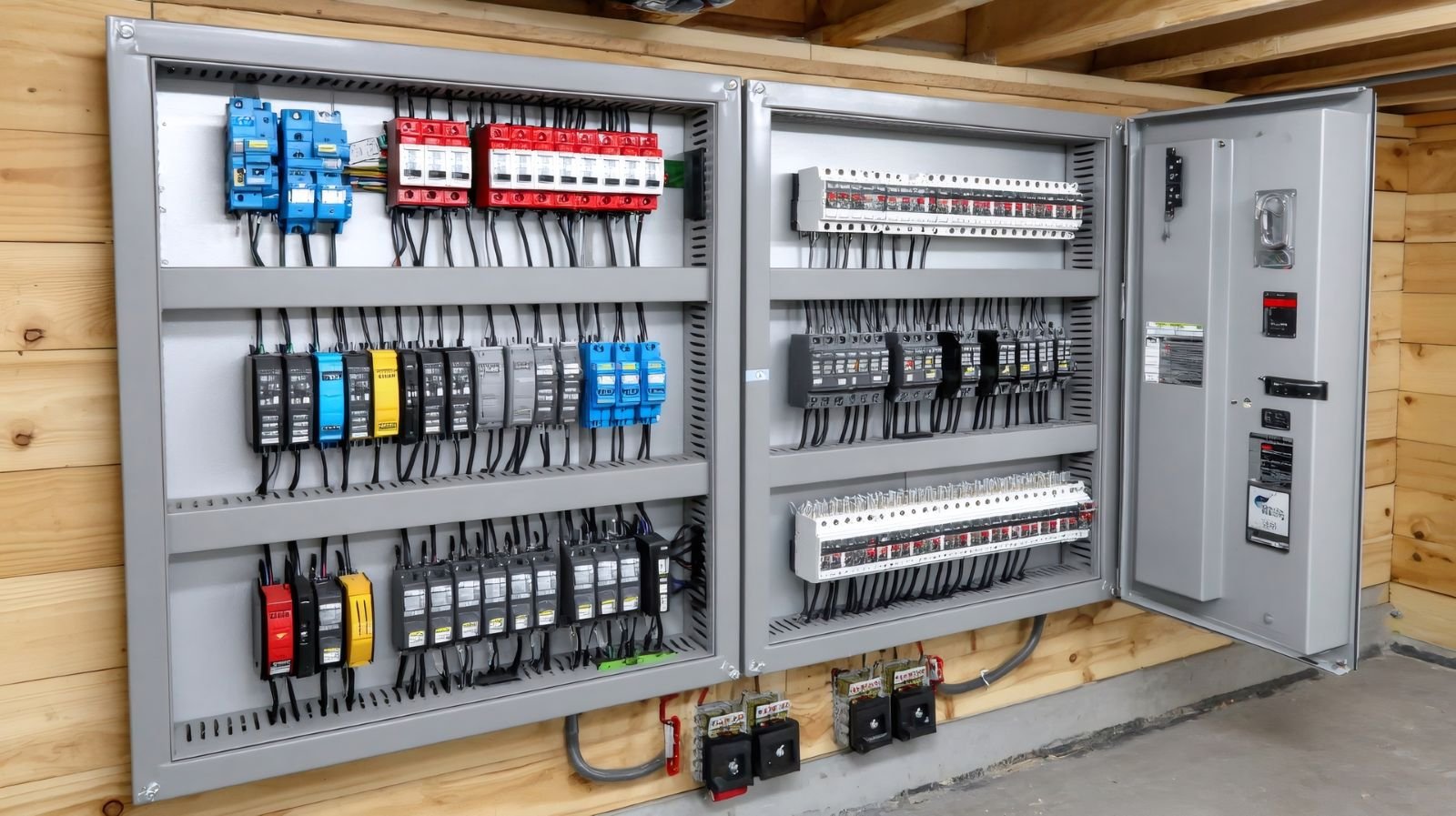 Electrician's view of an open residential electrical panel with breakers