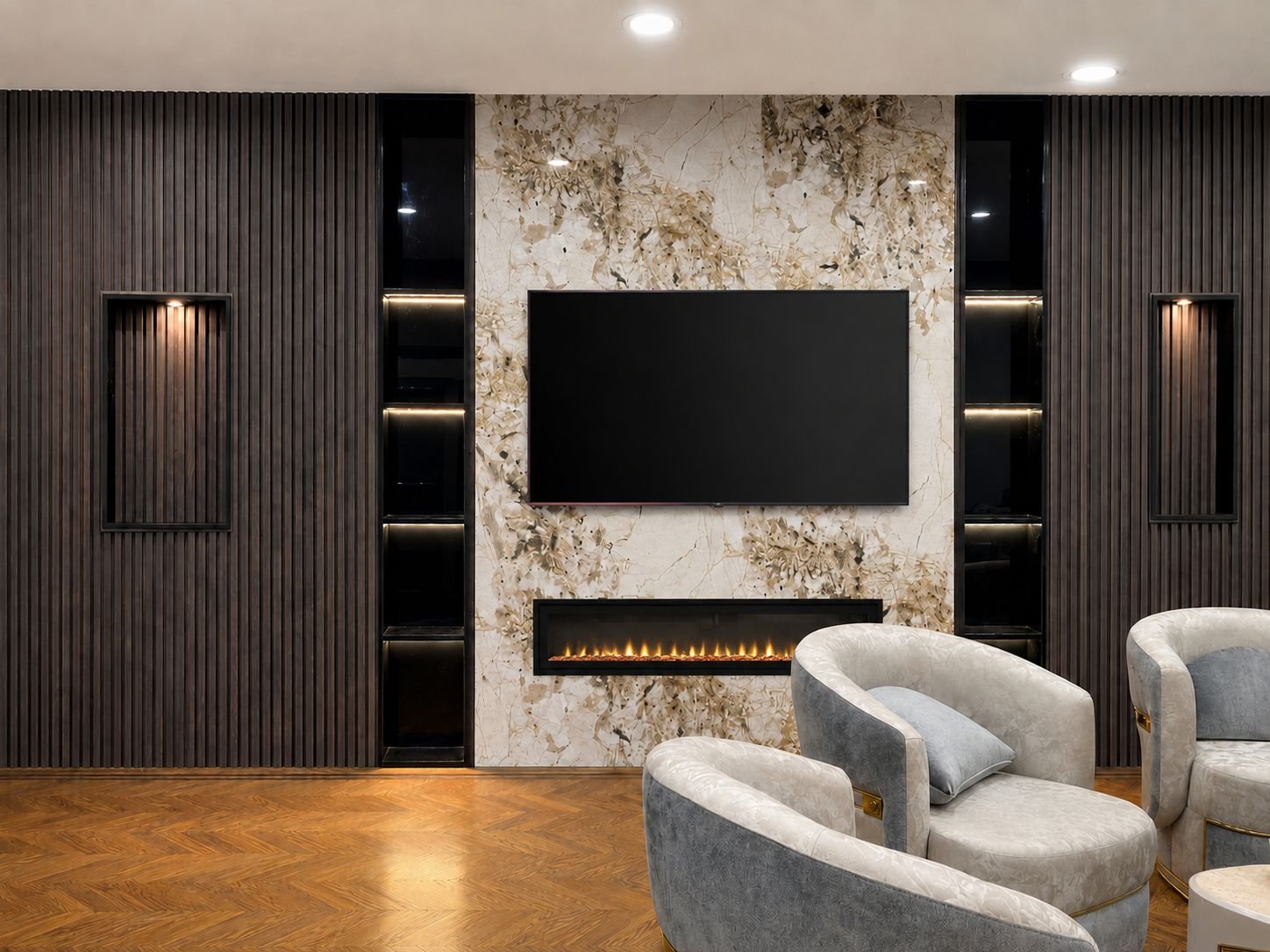 Forest Hill residence entryway with staircase and chandelier